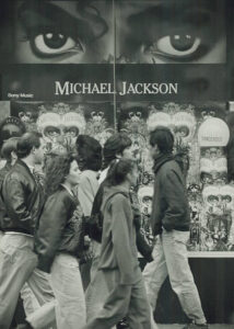 CANADA - NOVEMBER 27: He's everywhere. The eyes of Michael Jackson peer out at pedestrians from A&A Records on Yonge St. The pop singer's new album; Dangerous; went on sale in stores throughout Metro this week. Reviews have been mixed. (Photo by Peter Power/Toronto Star via Getty Images)