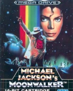 Portada del videojuego Michael Jackson's Moonwalker para Sega Mega Drive, mostrando una ilustración de Michael Jackson con sombrero y traje, junto a un arcoíris y un fondo espacial.